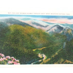 May include: Vintage postcard featuring a scenic view of the Great Smoky Mountains National Park. The image showcases lush green mountains, a winding road, and a touch of pink flowers in the foreground. Text at the top reads "N27 - THE LOOP ON MAIN HIGHWAY THROUGH GREAT SMOKY MOUNTAINS NATIONAL PARK."