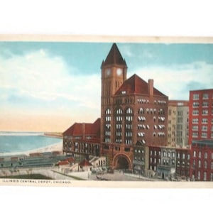 May include: Vintage postcard featuring the Illinois Central Depot in Chicago. The image shows a large brick building with a clock tower, a red roof, and multiple windows. The text "ILLINOIS CENTRAL DEPOT, CHICAGO." is printed at the bottom.