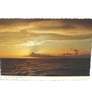 May include: A rectangular postcard with scalloped edges featuring a sunset over the ocean. The sky is filled with golden and orange clouds above a dark sea. The text "The Creator's Handiwork" is printed in small black letters at the bottom left.