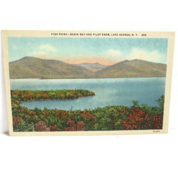 Lake George New York Fish Point Basin Bay and Pilot Knob Vintage Linen Postcard