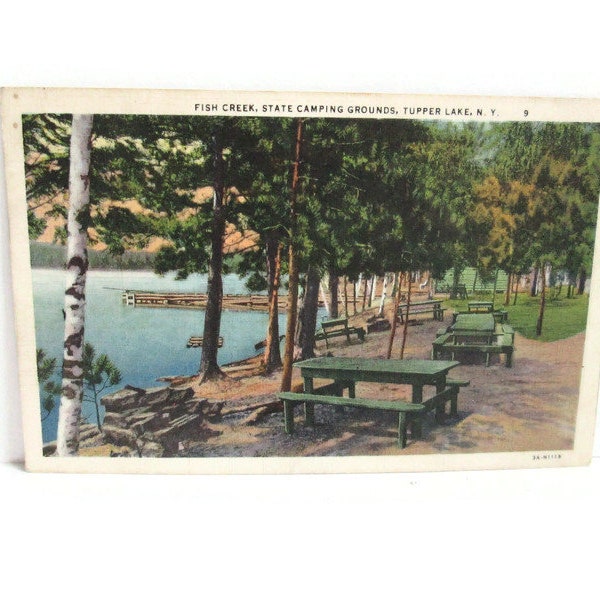 Tupper Lake New York Vintage Linen Postcard Fish Creek State Camping Grounds