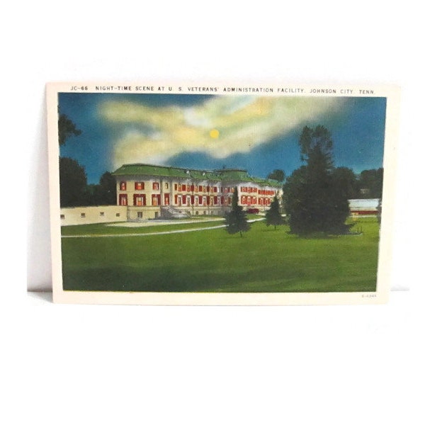 Vintage Johnson City Tennessee Linen Postcard Night Time Scene at U. S. Veteran's Administration Facility