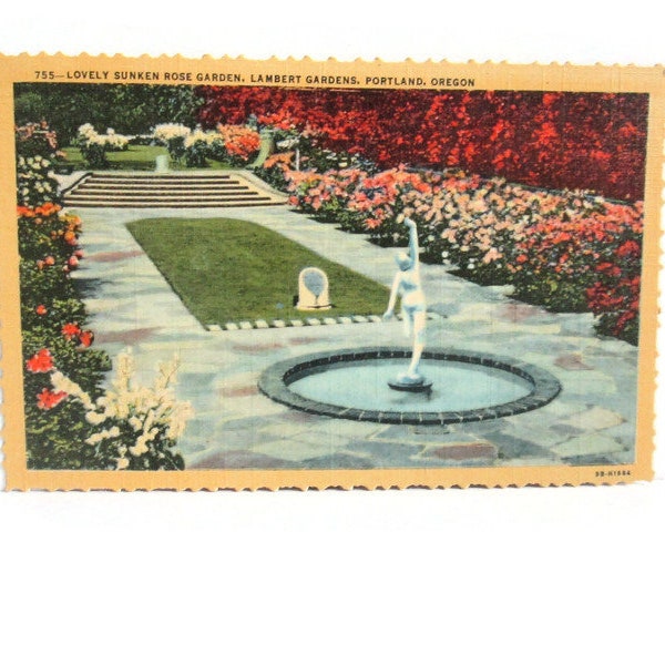 Vintage Linen Postcard Lambert Gardens Portland Oregon Lovely Sunken Rose Garden