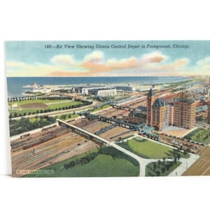Vintage Chicago Linen Postcard Air View Showing Illinois Central Depot in Foreground
