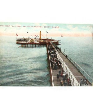 Antique Postcard Steamboat Cape May, Dreamland Pier Coney Island New York Printed in Germany