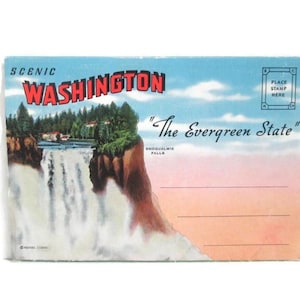 May include: Vintage postcard featuring a scenic view of Snoqualmie Falls in Washington State. The postcard has a blue sky with clouds, a waterfall, and the text "Scenic Washington" in red. The text "The Evergreen State" is also present.