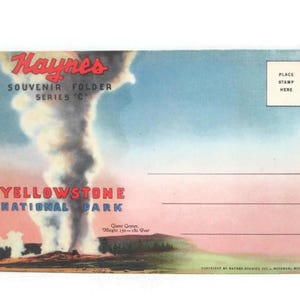 May include: Vintage Yellowstone National Park postcard. The postcard features a colorful illustration of a geyser erupting, with text that reads "Haynes Souvenir Folder Series C" and "Yellowstone National Park". The postcard also includes a place for a stamp.