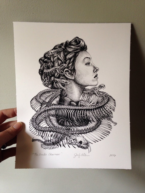 The Snake Charmer Print from Original Pen & Ink Drawing | Etsy