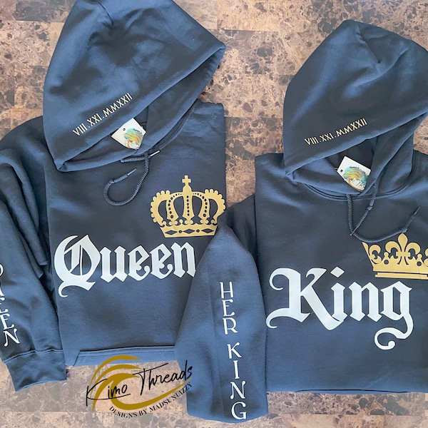 Couple Matching Personalized Hoodie, King Queen Matching, Husband Wife, Roman numerals sweatshirt, Crown and Tiara Personalized Shirt, gift