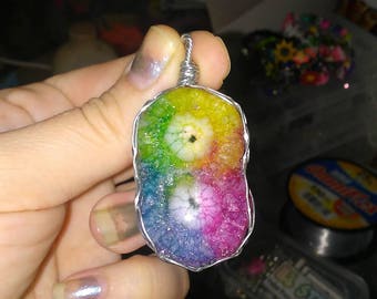 Rainbow Solar Quartz Wire Wrapped Pendant Necklace.