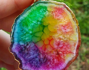 Rainbow geode crystal quartz pendant necklace.