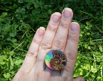 Bague d’ammonite arc-en-ciel. Ammonite / anneaux / arc-en-ciel. Taille 7- réglable.