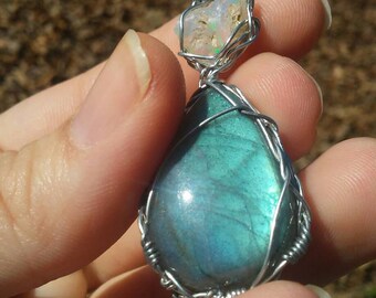 Blue colorful labradorite with rainbow opal wire wrap pendant necklace.