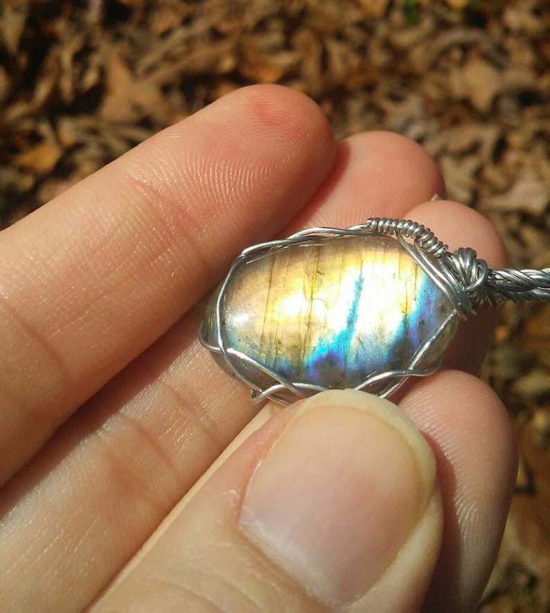 Colorful labradorite wire wrap pendant necklace. image 3