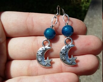 Lune 3D avec étoiles et perles bleues brillantes, boucles d'oreilles.