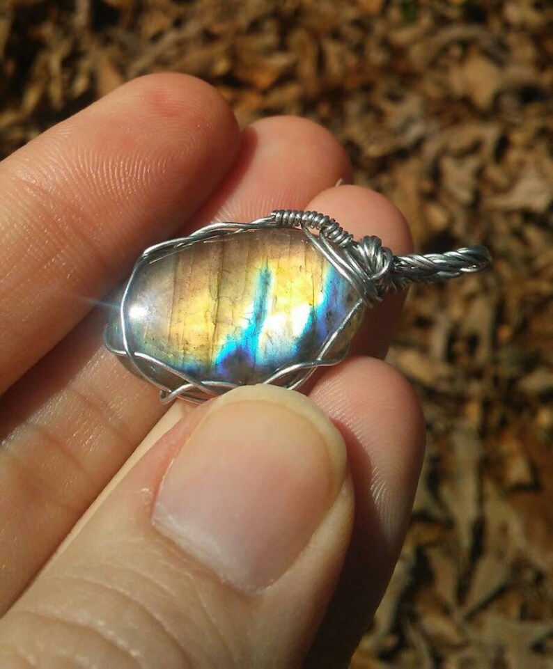 Colorful labradorite wire wrap pendant necklace. image 1