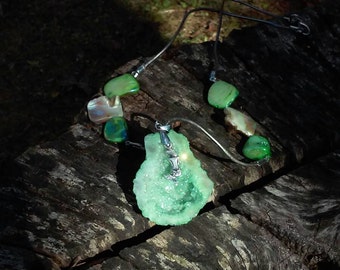 Green, druzy, geode, agate stone, with sea stones, and a mermaid charm.