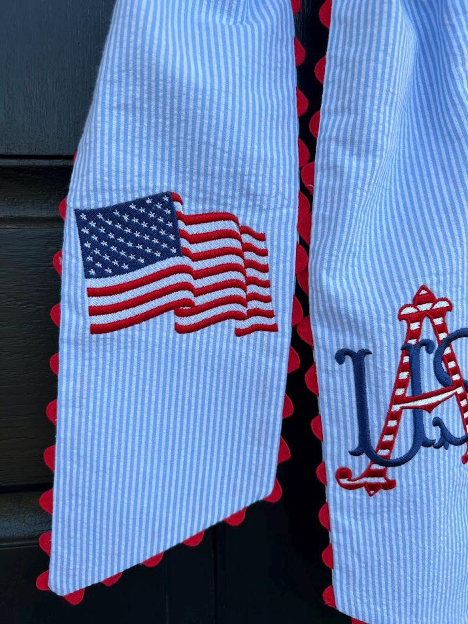 Patriotic Wreath Sash with Rick Rack, Memorial Day Wreath Sash, 4th of July Wreath Sash - Blue sash only, Flag/Initial