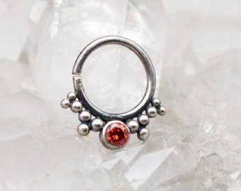 Sterling Silver Septum Ring, Ornate Crystal Nose Ring (16 Gauge)