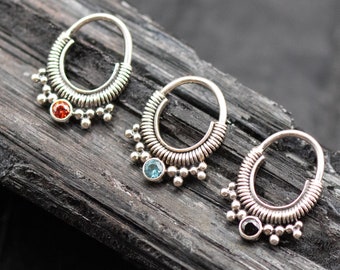 Sterling Silver Crystal Inlay Septum Ring, Ornate Body Jewelry