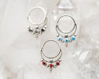 18 gauge, Silver Nose Ring, Silver Septum Ring, Ornate Nose Ring, Body Jewelry, Piercing, Statement Jewelry, Red, Blue, Crystal