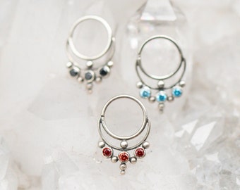 Sterling Silver Crescent Moon Nose Ring, Red Crystal Inlay, 18 Gauge