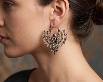 Silver Snake Hoop Earrings, Serpent Moon, Tribal Ear Weights