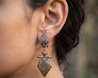 Silver Tuareg Dangle Earrings, Geometric Brass Design