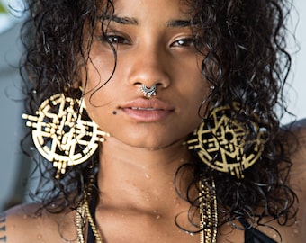 A pair of large gold hoop earrings with a geometric design, statement earrings, jewelry gift, festival earrings, special occasion