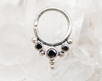 Sterling Silver Septum Ring, Ornate Crystal Nose Ring (18 Gauge)