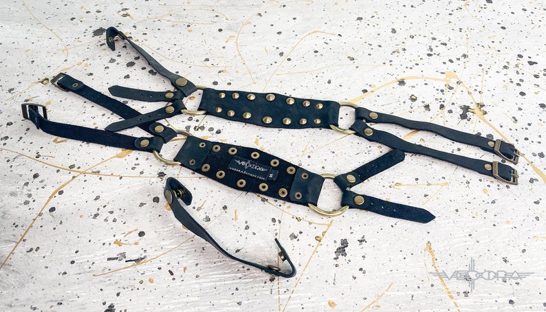 May include: Black leather harness with gold metal rings and studs. The harness has adjustable straps and buckles.