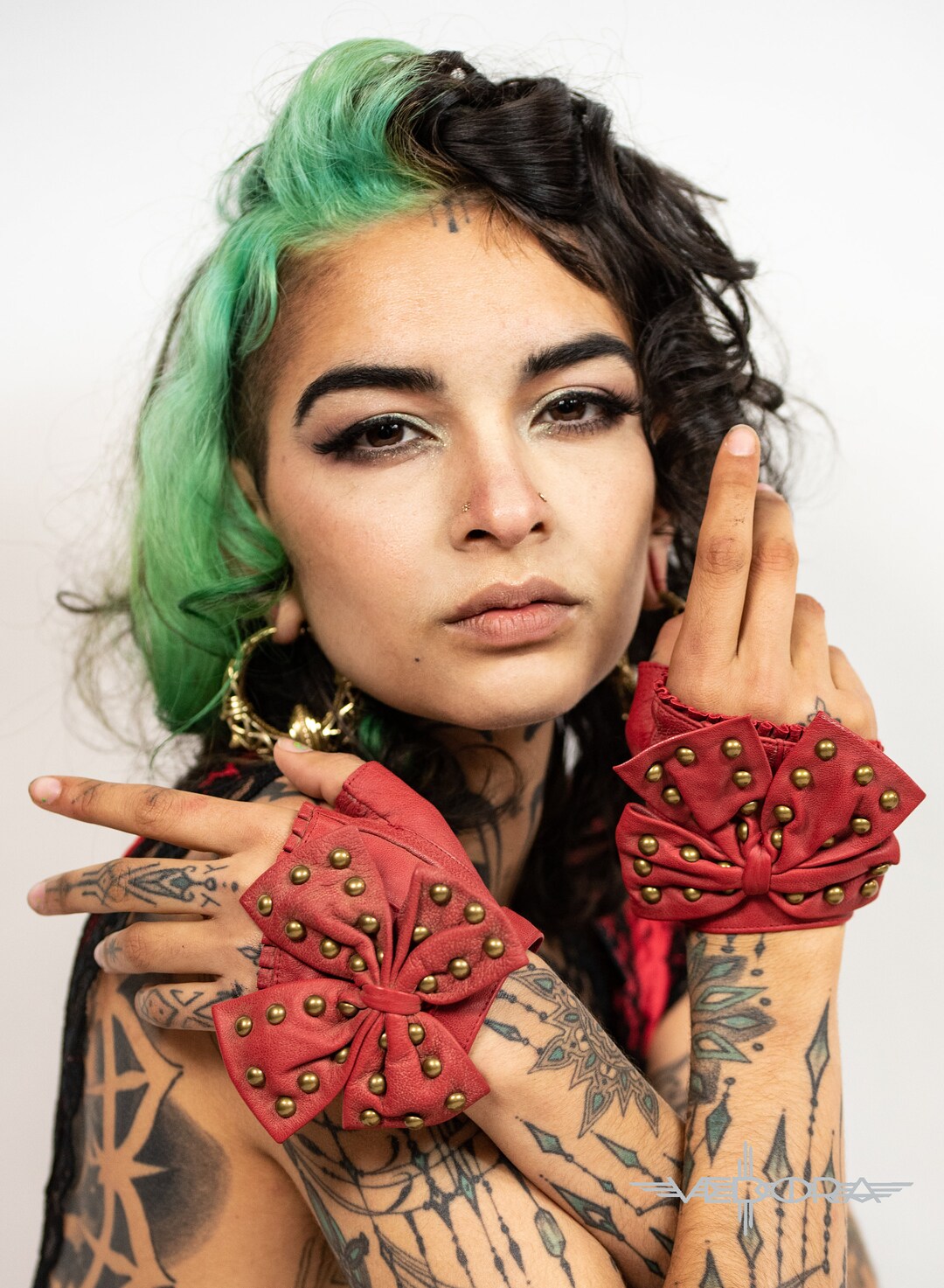 Red Leather Fingerless Gloves With a Studded Bow Riding Etsy