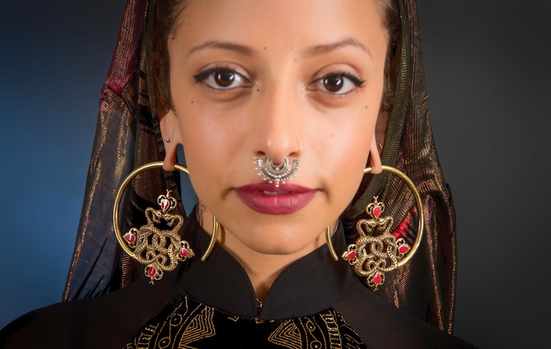 Vedora Double Snake Earrings Brass Hoop Earrings Ear Weights Tribal Earrings Coral Inlay Tribal Jewelry Serpent Earrings Dangle Plugs Gauged