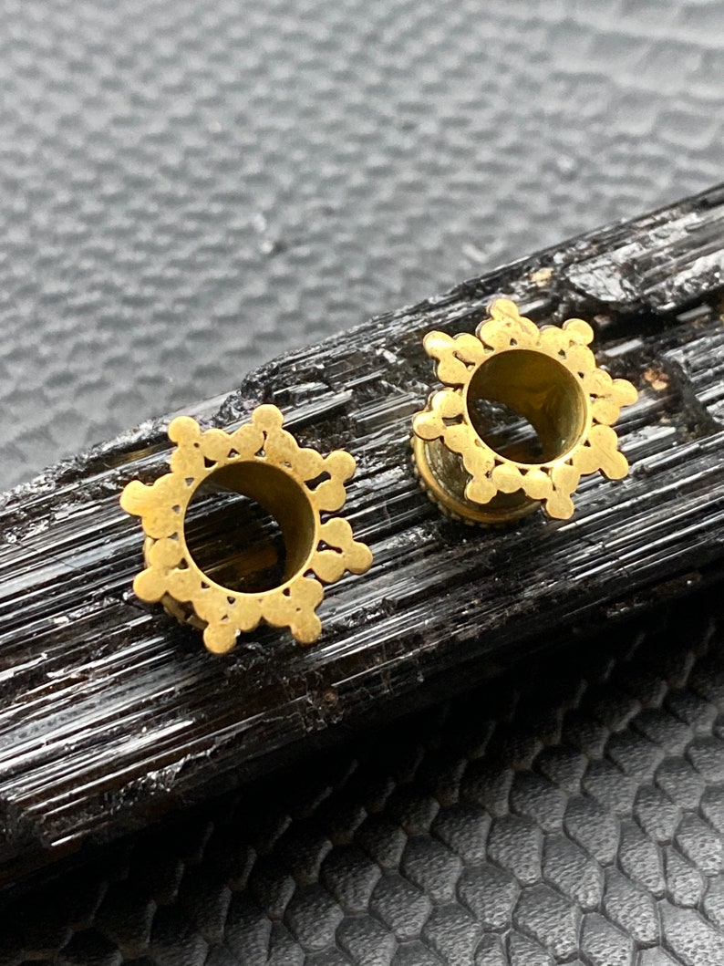Gold 0 Gauge Ear Tunnels Brass Tunnels Tribal Ear Tunnels Ear Etsy