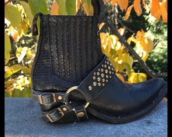 Black Gold or Silver Leather Bootstrap, Studded Boot Harness, Motorcycle Boot, Cowboy, Boot Harness, Boot decoration, Pirate, Renaissance