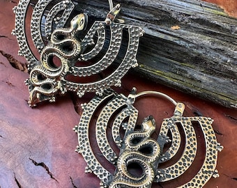 Silver Snake Hoop Earrings, Serpent Moon, Tribal Ear Weights