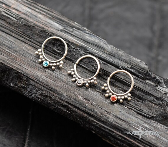 Ornate Nose Ring With Crystal Stone Inlay Silver Nose Ring Etsy