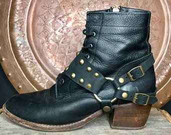 Black Studded Leather Boot Strap boot harness Motorcycle