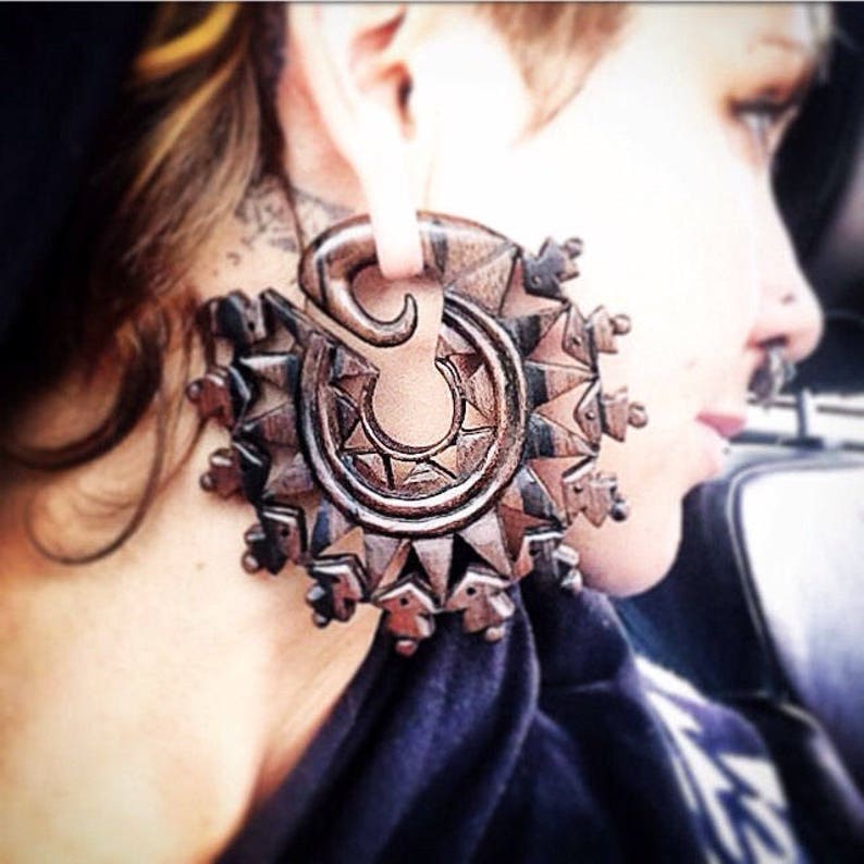 Mandala Earrings White Wood Hoop Gauges Tribal 50