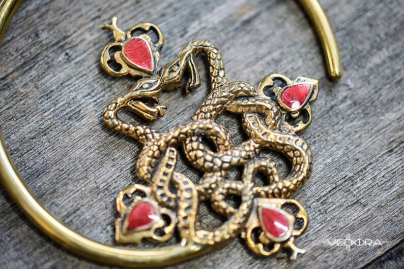 Vedora Double Snake Earrings Brass Hoop Earrings Ear Weights Tribal Earrings Coral Inlay Tribal Jewelry Serpent Earrings Dangle Plugs Gauged