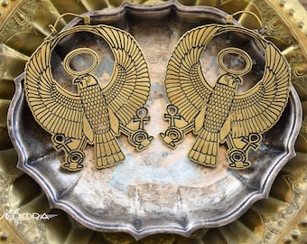 Gold Brass Horus Egyptian Ear Weights, Tribal Statement Earrings (16 Gauge)