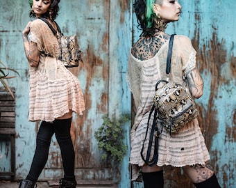Exotic Leather Snake Skin Mini Backpack Cream Black Leather Bag Purse Quality Luggage
