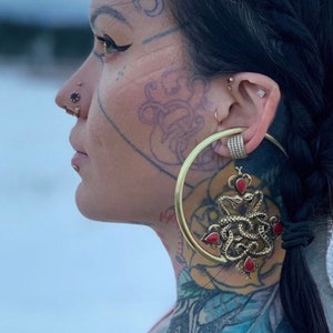 Silver & Red Snake Hoop Earrings: Gauged Ear Weights