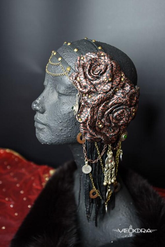 Burgundy Leather Rose Burlesque Headpiece: Studded Fringe  display picture 3