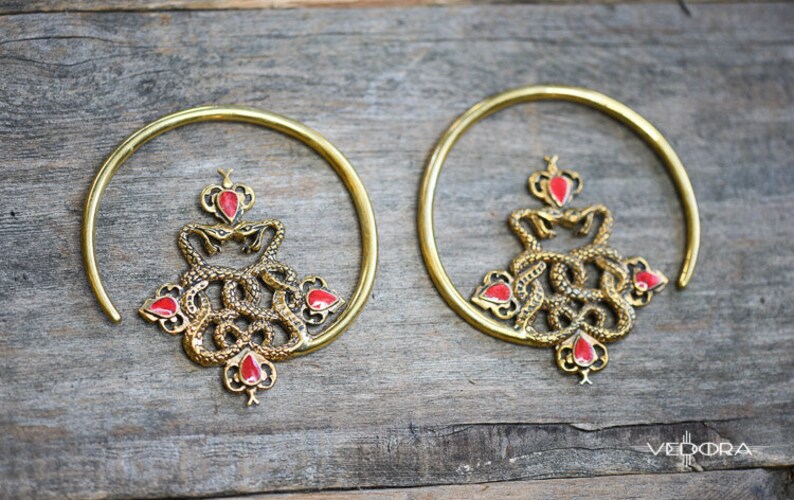 Vedora Double Snake Earrings Brass Hoop Earrings Ear Weights Tribal Earrings Coral Inlay Tribal Jewelry Serpent Earrings Dangle Plugs Gauged