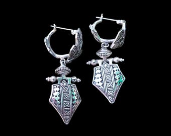 Silver Tuareg Dangle Earrings, Geometric Brass Design