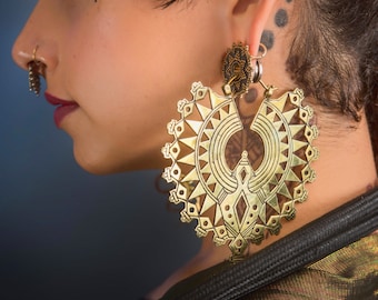 Gold Star Brass Plug Earrings, Ornate Tribal Gauges (17mm)