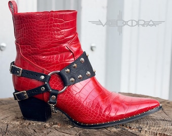 Handmade Black Leather Boot Straps, Studded Harness with Silver Chain, Gothic Motorcycle Accessory