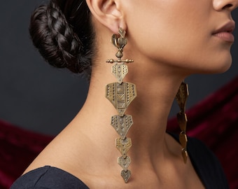 Tribal Brass Waterfall Dangle Earrings – Statement Ear Weights