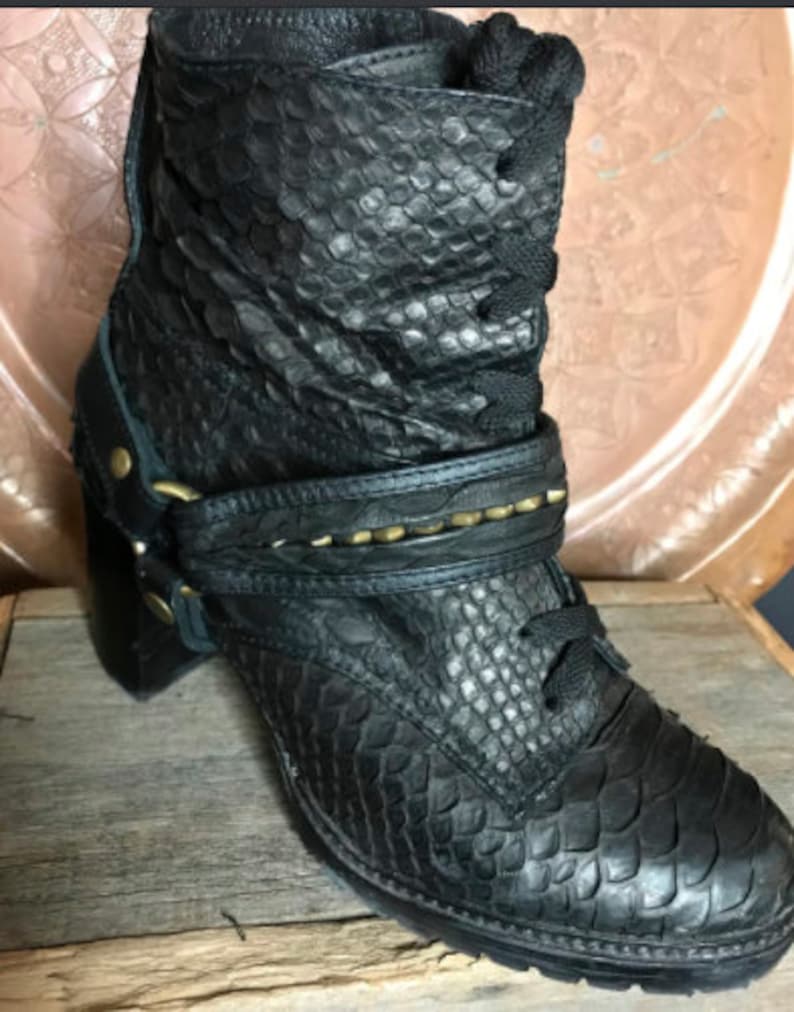 Black Gold Studded Python Snake Leather Boot Strap Boot | Etsy